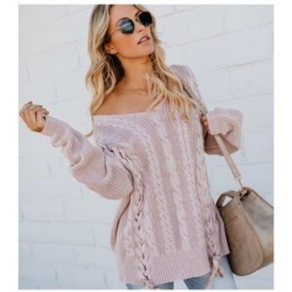 Oversized Cable Knit Lace Up Sweater | Mauve - Picture 3 of 6